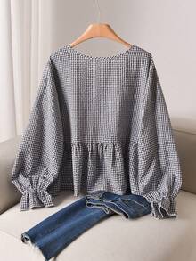 CosyJoli 大码女式休闲碎花长袖衬衫，优雅宽松版型上衣，春秋季女士服装 - 黑色 - 查看 2