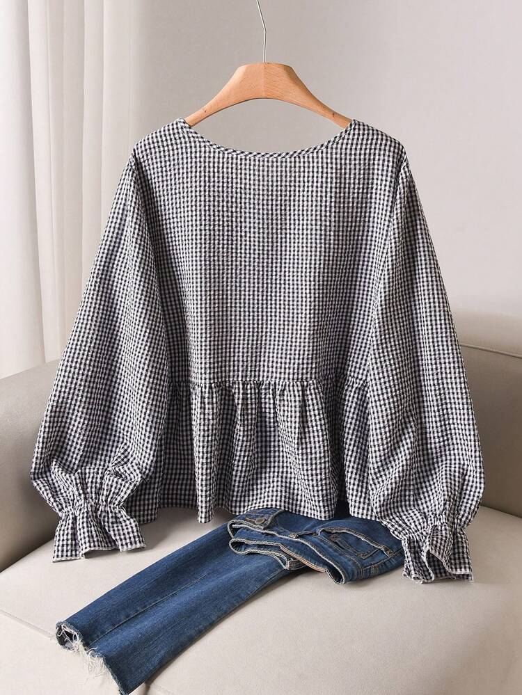 CosyJoli Top Floral de Manga Longa Casual Plus Size, Top Elegante de Corte Solto, Vestuário de Primavera e Outono para Mulheres - Preto - Visão 2