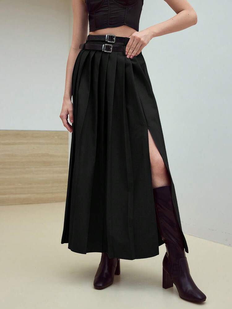 MOTF STUDIO DOUBLE BELTED PLEATED SLIT SKIRT