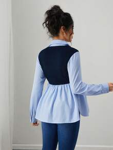 SHEIN Maternity Contrast Stripe Shirt Collar Long Sleeve Casual Blouse - Blue - View 2