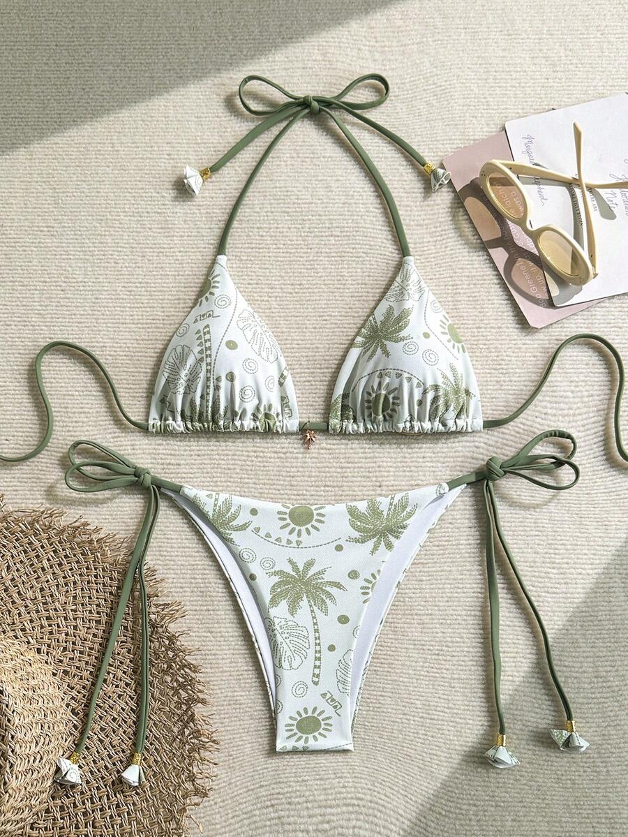 Swim Vcay Bộ đồ bơi bikini hở lưng in họa tiết cây cọ mùa hè dành cho nữ - Nhiều màu - Xem 1