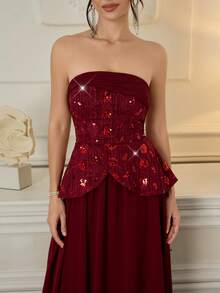 Poshira 优雅酒红色亮片装饰修身长裙 - 酒紅色 - 查看 8