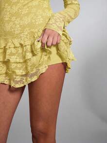 SHEIN BAE Women's Elegant Yellow Autumn Lace Trim Layered Ruffle Hem Mini Dress,Solid Color Long Sleeve Floral Dress For Date,Night Club,Birthday Party - Yellow - View 3