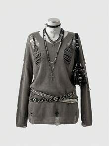 ROMWE Grunge Punk Áo chui đầu dệt kim mỏng vừa vặn cỡ lớn, đa năng cho mùa xuân - Màu xám đen - Xem 1