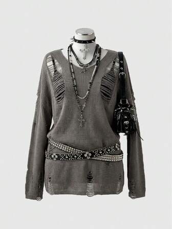 Grunge Punk Pullover ample et décontracté en tricot semi-transparent déchiré, polyvalent pour le printemps