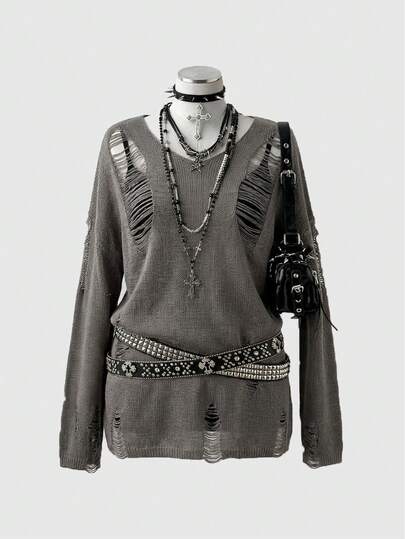 Grunge Punk Pullover ample et décontracté en tricot semi-transparent déchiré, polyvalent pour le printemps