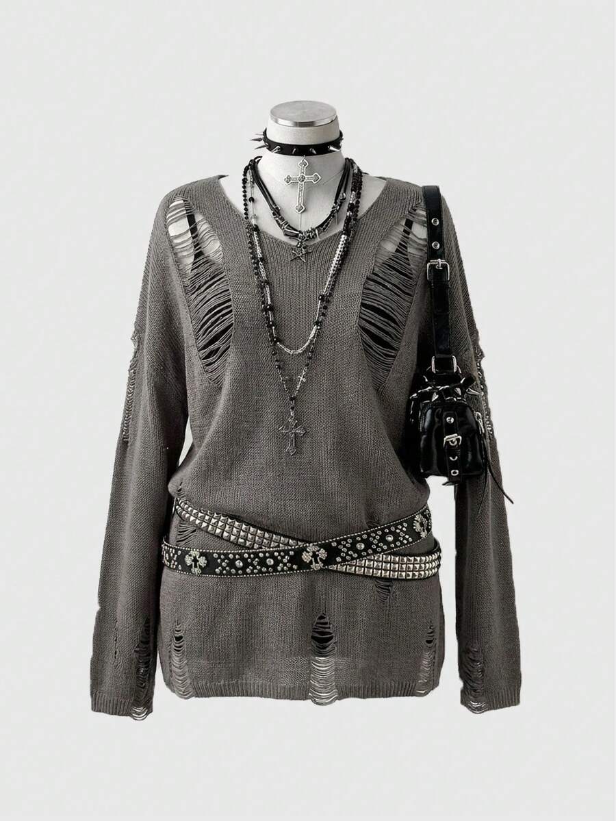 ROMWE Grunge Punk Áo chui đầu dệt kim mỏng vừa vặn cỡ lớn, đa năng cho mùa xuân - Màu xám đen - Xem 1