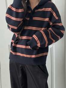 FRIFUL 女士休闲日常办公通勤学院风条纹图案高领宽松针织衫，秋冬款 - 藏蓝色 - 查看 2