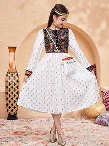 SHEIN Tween Girl Woven Print Patchwork Foil Polka Dot Pullover Dress With Delicate Tassel Mini Crossbody Bag, Suitable For Travel, Vacation, Countryside Style, Casual Resort, Boho, Kids Arabic Dress, Long Dresses For Girls,Kids - Multicolor - View 4