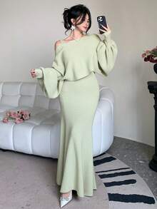 DAZY Bộ 2 món váy không tay trơn màu thanh lịch và áo len tay bồng cho nữ, Thu/Đông - màu xanh lá - Xem 4