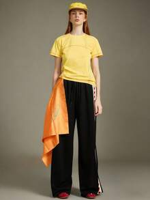 Elnivra Preppy Style Y2K Women's New Retro Black Wide Leg Drawstring Pants, Elastic Waist Loose High Waist Pants With Heart Woven Belt, Collegiate & Hip Hop Style Sweatpants - Black - View 5