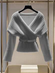 Airaco Plus Size Solid Color Overlapping Collar Ribbed Knit Sweater, Autumn/Winter - Grey - View 1