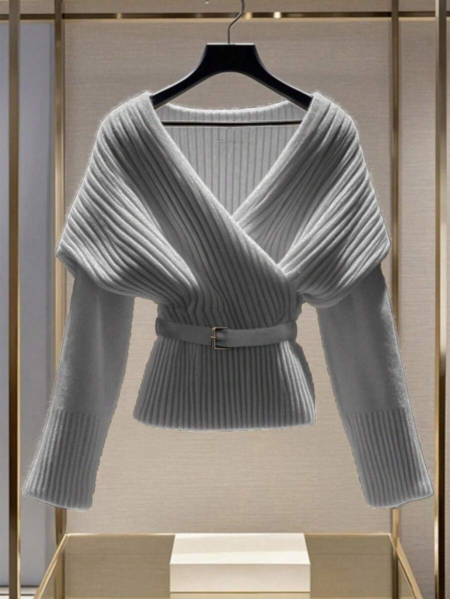 Airaco Plus Size Solid Color Overlapping Collar Ribbed Knit Sweater, Autumn/Winter - Grey - View 1