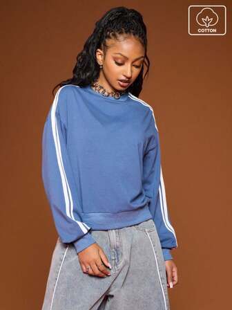 COUREZ Blusa de manga larga con cuello redondo y rayas laterales / Tops Y2K para otoño e invierno para mujeres, top gráfico de invierno, blusas lindas, atuendos casuales, blusas azules, atuendos deportivos