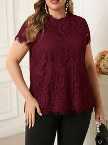 Reflora Plus Size Elegant Lace Patchwork Chiffon Top - Burgundy - View 3