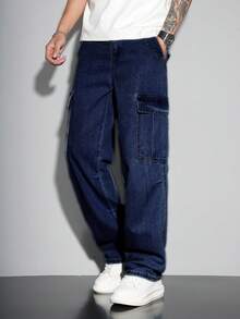 Manfinity Hypemode Loose Fit Men's Flap Pocket Side Cargo Jeans Men Navy Blue Denim - Dark Wash - View 5