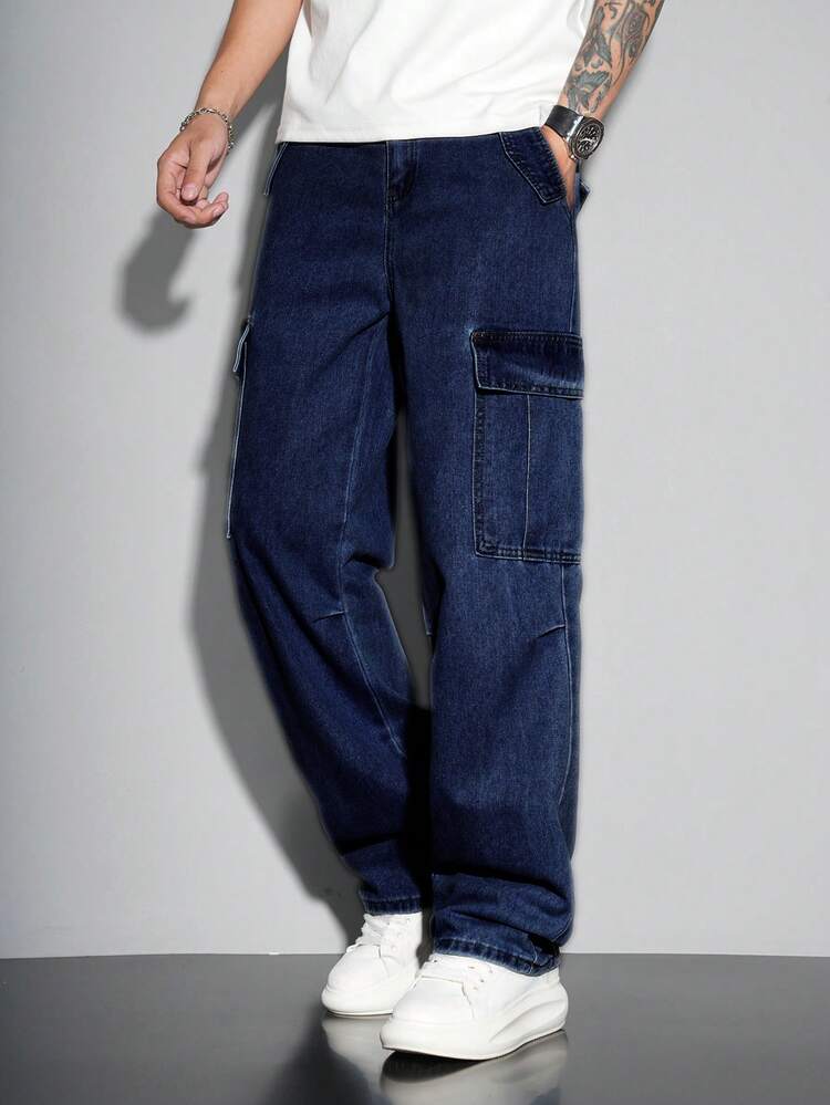 Manfinity Hypemode Loose Fit Men's Flap Pocket Side Cargo Jeans Men Navy Blue Denim - Dark Wash - View 5