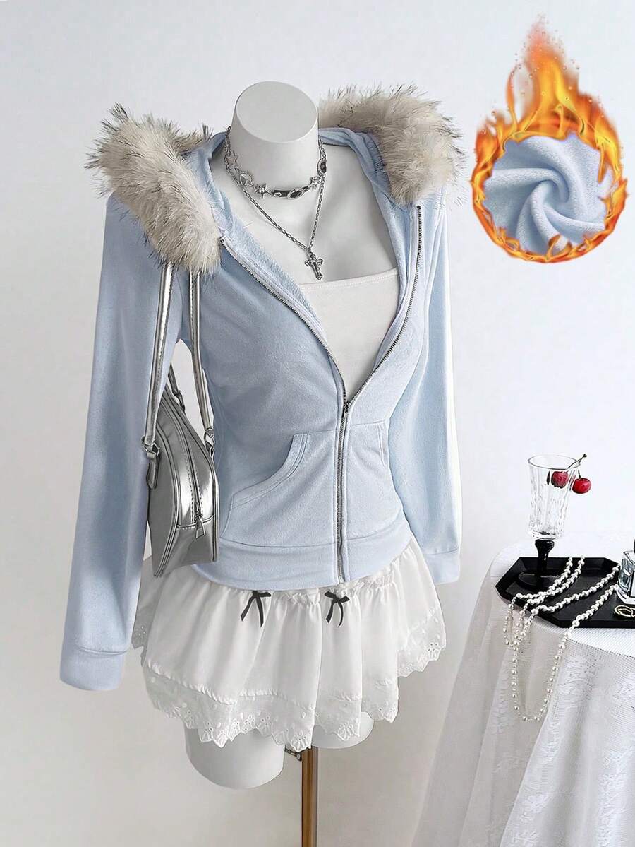 Sweetra Áo khoác nỉ lông xù kiểu cổ điển gợi cảm, thắt eo, có khóa kéo dành cho nữ, màu hồng, mùa thu/đông. - Màu xanh lam - Xem 1