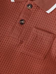 2件套婴儿/男童杏色宽松纽扣撞色罗纹袖口领短袖polo衫配松紧腰短裤套装，夏季，童装，幼儿服装，婴儿套装，男婴套装，婴儿衬衫，幼儿短裤，3个月-3岁