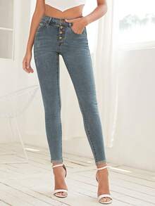 SHEIN Frenchy Jeans décontractés en denim à boutons et poches pour femmes, polyvalents et près du corps - Jean bleu - Voir 5