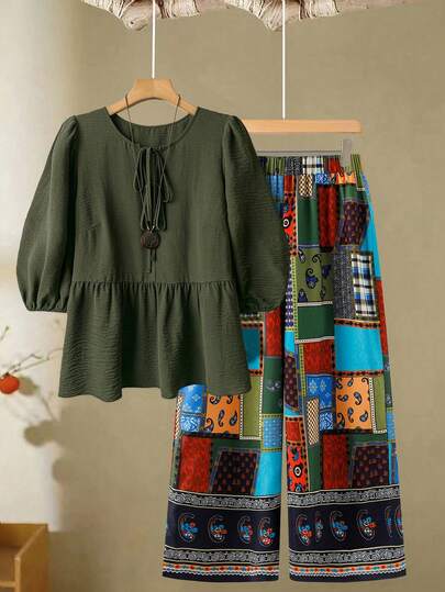Linhara Women Plus Size Solid Color Blouse With Front Bow Tie Detailing Bohemian Print Patchwork Wide Leg Pants Fashionable, Elegant And Versatile 2-Piece Set For Casual, Commute And Beach Vacation