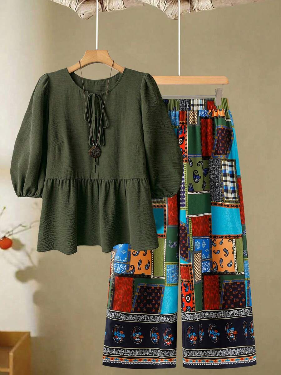 Linhara 女士大码纯色上衣，正面饰有蝴蝶结，搭配波西米亚印花拼接阔腿裤，时尚、优雅、百搭的两件套，适合休闲、通勤和海滩度假。 - 彩色 - 查看 1