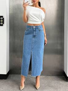 EURMUSE High Waist Front Slit Detailed Denim Skirt - Medium Wash - View 5