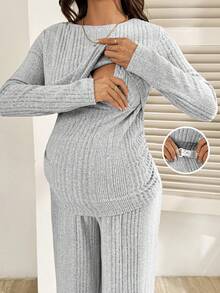 SHEIN Maternity Clothes Nursing Two-Piece Set Spring And Summer Pregnant Clothes Gray Maternity Two-Piece Set: Top + Straight-Leg Maternity Pants - Slim Fit, Soft, Comfortable, And Casual - Grey - View 7