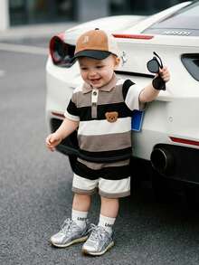 SHEIN Baby Boy Infant Casual Cute Bear Embroidered Badge Asymmetric Striped Short Sleeve Polo Shirt And Shorts Set, Suitable For Summer, Toddler Boy Clothes Summer Sets, Baby Boy Clothes Stripes, Toddler Boy Striped Outfit, Toddler Boy Summer Outfit Baby Boy Summer Outfit Baby Boy Clothes 18 24 Months Toddler Boy Casual Outfit Striped Tshirt And Shorts Set