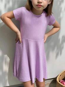 DEVIT - Vestido de niña tejido acanalado con vuelo, manga corta, estilo casual cómodo, diseño suave y fresco para uso diario, ideal para primavera verano, look adorable y ligero - Morado - Ver 2