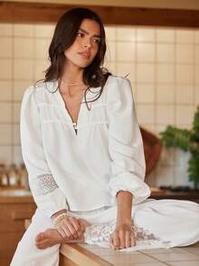 Lullawish Bộ đồ ngủ ren chắp vá phong cách Bohemian rộng rãi, tay dài thanh lịch và quần dài cho nữ - trắng - Xem 7