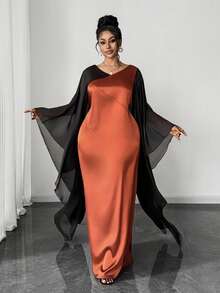 Maweii 大码女式V领网纱拼接优雅荷叶袖收腰派对连衣裙 - 彩色 - 查看 4