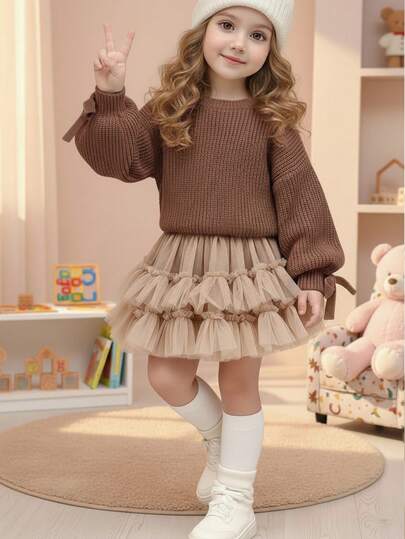 SHEIN 年轻女孩宽松休闲简约舒适圆领系带袖装饰毛衣