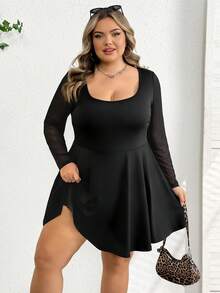 SHEIN CURVE+ 大码女式纯色网纱拼接连体裤，优雅黑色，长袖，适合通勤、约会、派对、外出、婚礼宾客等场合，独特黑色长袖网纱连衣裙 - 黑色 - 查看 4