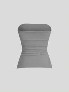 Sweetra 3件套女士纯色褶皱开衩设计休闲百搭抹胸上衣 - 彩色 - 查看 5