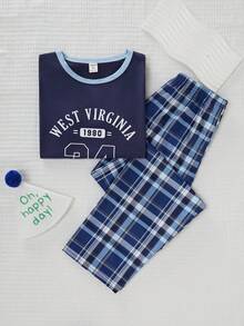 Tween Boys' Casual Plaid & Graphic Print Short Sleeve Top And Pants Loungewear Set - Navy Blue - View 1