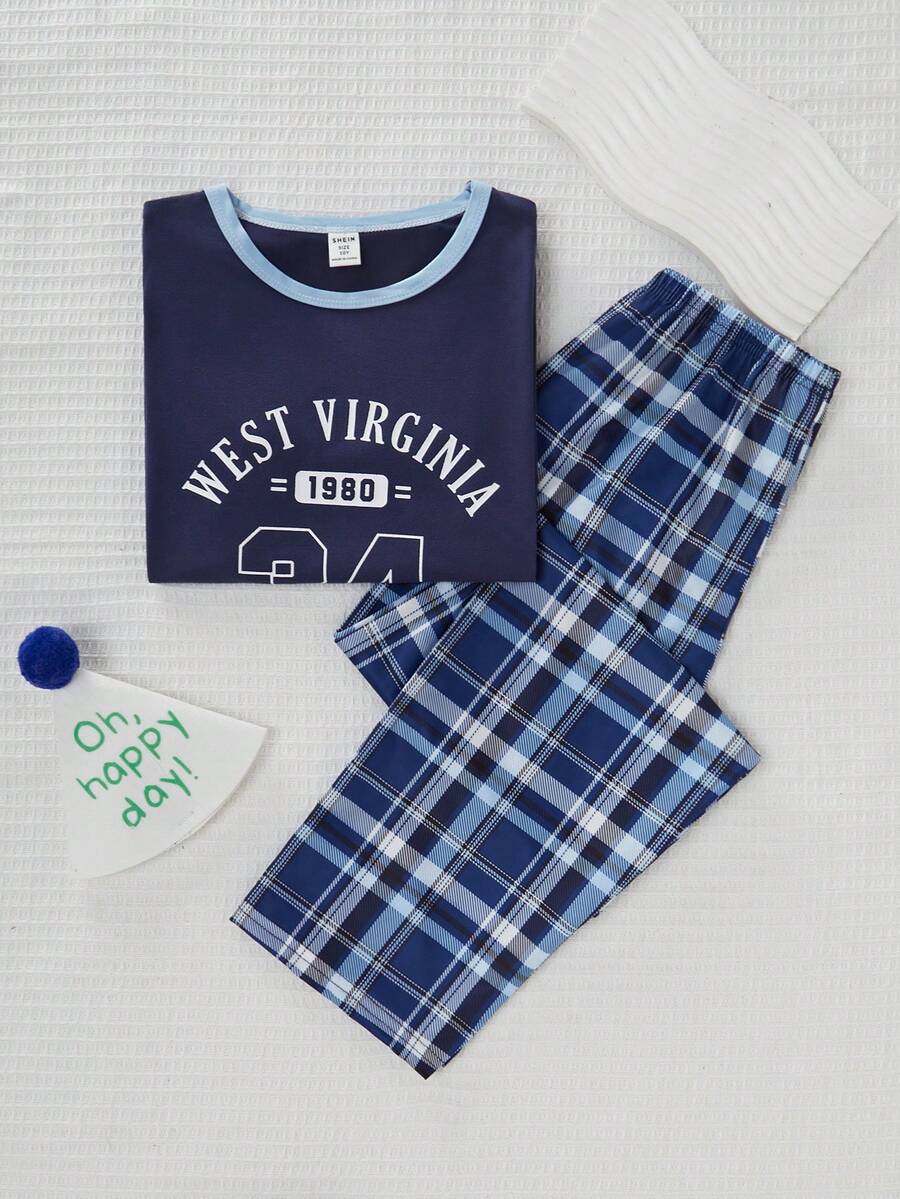 Tween Boys' Casual Plaid & Graphic Print Short Sleeve Top And Pants Loungewear Set - Navy Blue - View 1