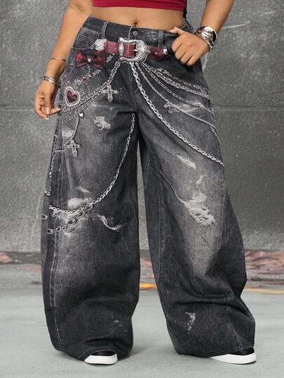 Grunge Punk Damen Loose Fit Jeans in Große Größen mit Ketten-Muster und Taschen, weites Bein, Lässig