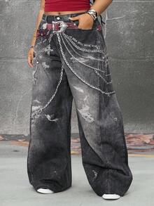 ROMWE EDITION Plus Size Women Loose Fit Chain Print Pocket Wide Leg Casual Jeans - Black - View 4
