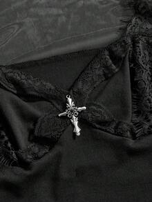 ROMWE Spring/SummerblackGothic Cross Lace Trim Mesh Patchwork Flare Sleeve Women Top - Black - View 3