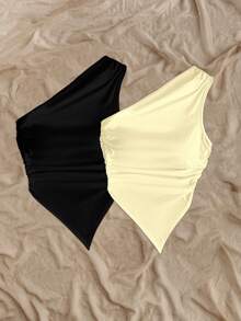 Soleia 2pcs Women's Solid Color Ruched Asymmetric Hem Fashionable Versatile Vacation Tops Spring - Multicolor - View 5