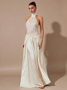 SHEIN BAE Váy dài hở lưng, hở vai, chất liệu satin, ren mơ gợi cảm, thanh lịch, sang trọng, dự tiệc cocktail - Màu be - Xem 5