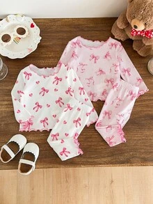 SHEIN 4件套新生女宝宝休闲可爱针织蝴蝶结图案长袖睡衣套装 - 彩色 - 查看 5