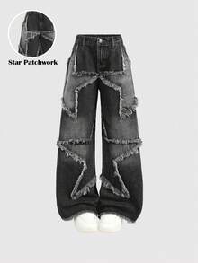 Girlism Girls' Frayed Patchwork Star Denim Wide-Leg Pants - Black - View 2