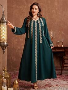 Al Najma Vestido largo y holgado con estampado floral de patchwork, elegante y casual, adecuado para primavera y otoño, tallas grandes para mujeres - Verde - Ver 5