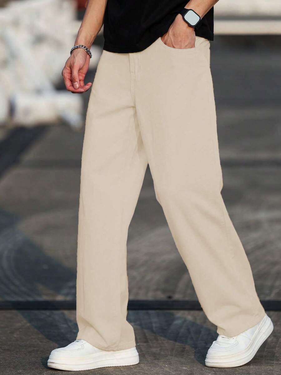 Manfinity Hypemode Jeans casual da uomo con tasche e bottoni, vestibilità ampia e gamba dritta, adatti per il pendolarismo - Albicocca - Visualizzare 1