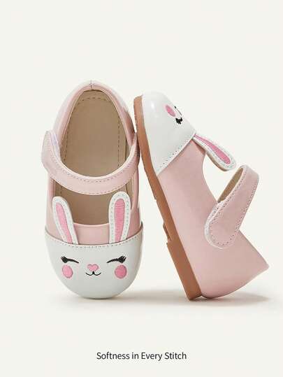 Cozy Pixies 1 par de zapatos rosas brillantes con diseño de bordado de orejas de conejo 3D, correa de para facilitar el calzado, zapatos de princesa lindos y cómodos, versátiles