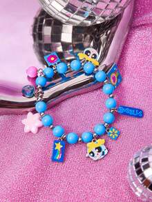 THE POWERPUFF GIRLS X SHEIN Nuevo brazalete de cuentas con patrón de dibujos animados de aleación de zinc, colorido, casual y lindo, adecuado para fiestas, conciertos y festivales - Celeste - Ver 1
