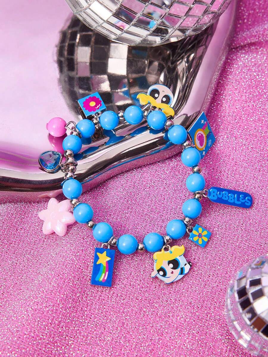 THE POWERPUFF GIRLS X SHEIN Nuevo brazalete de cuentas con patrón de dibujos animados de aleación de zinc, colorido, casual y lindo, adecuado para fiestas, conciertos y festivales - Celeste - Ver 1