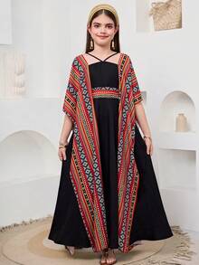 SHEIN Tween Girl Print Shawl Collar Criss-Cross Dress, Spring/Summer - Multicolor - View 2